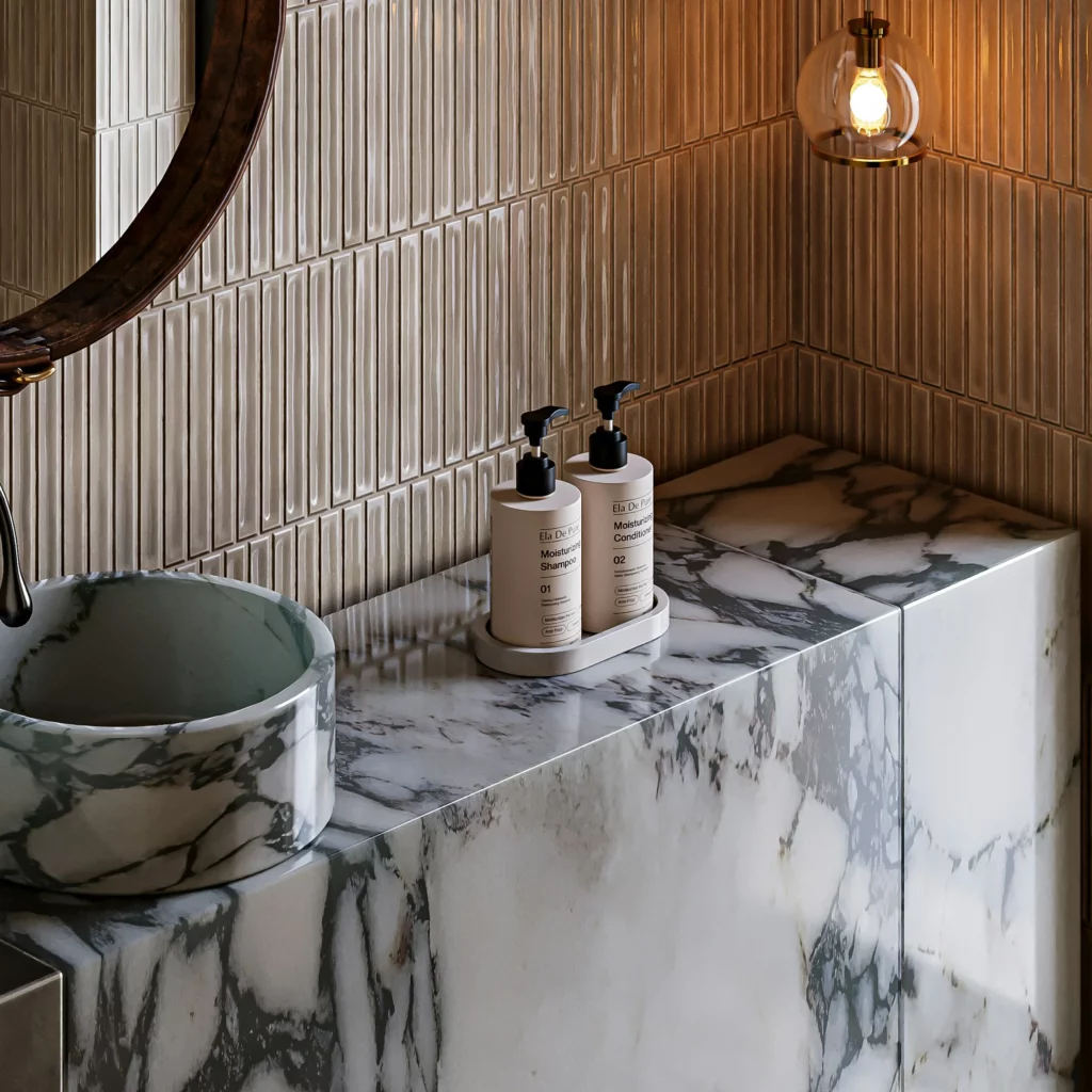 Marble vanity top with a vessel sink