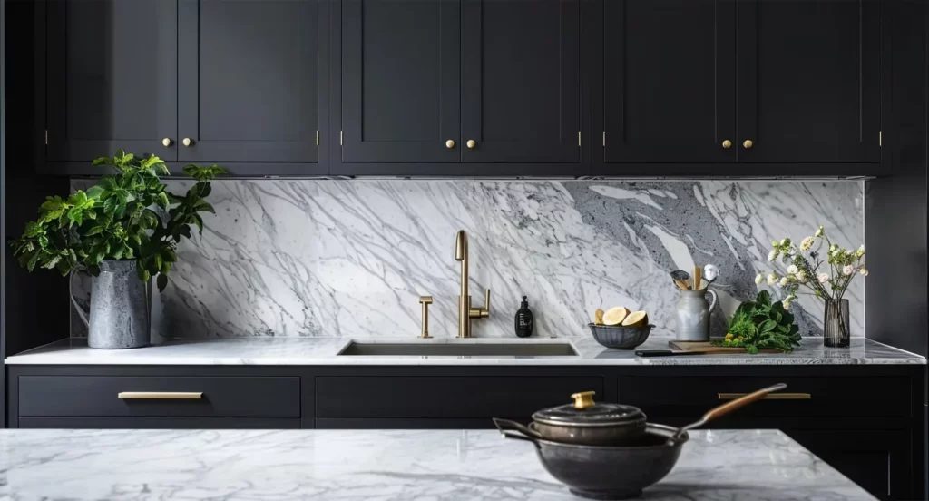 Kitchen with dark cabinets and a full-height marble backsplash