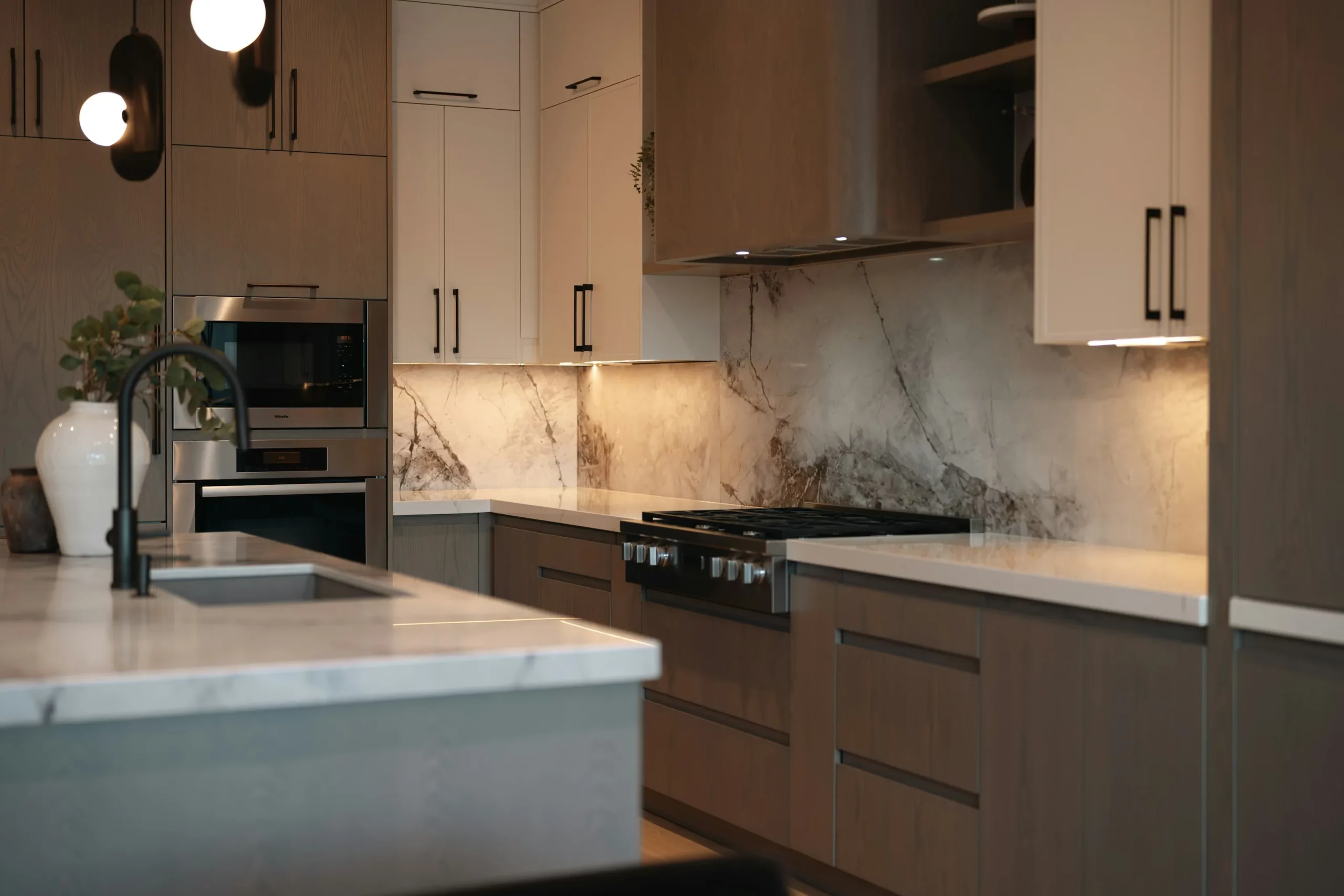 Quartzite island and slab backsplash