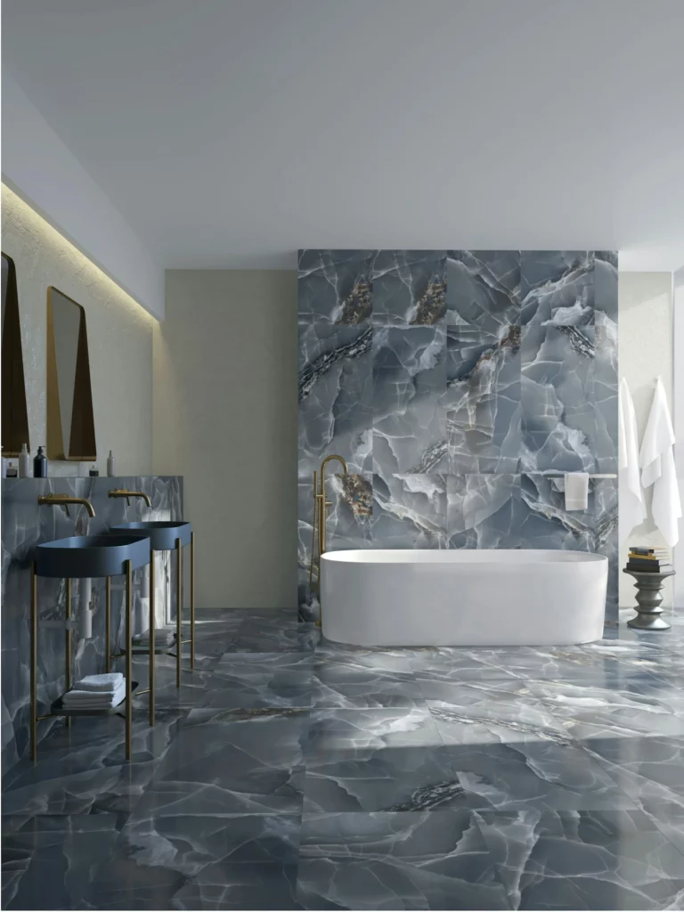 Bathroom with a full-height marble slab wall
