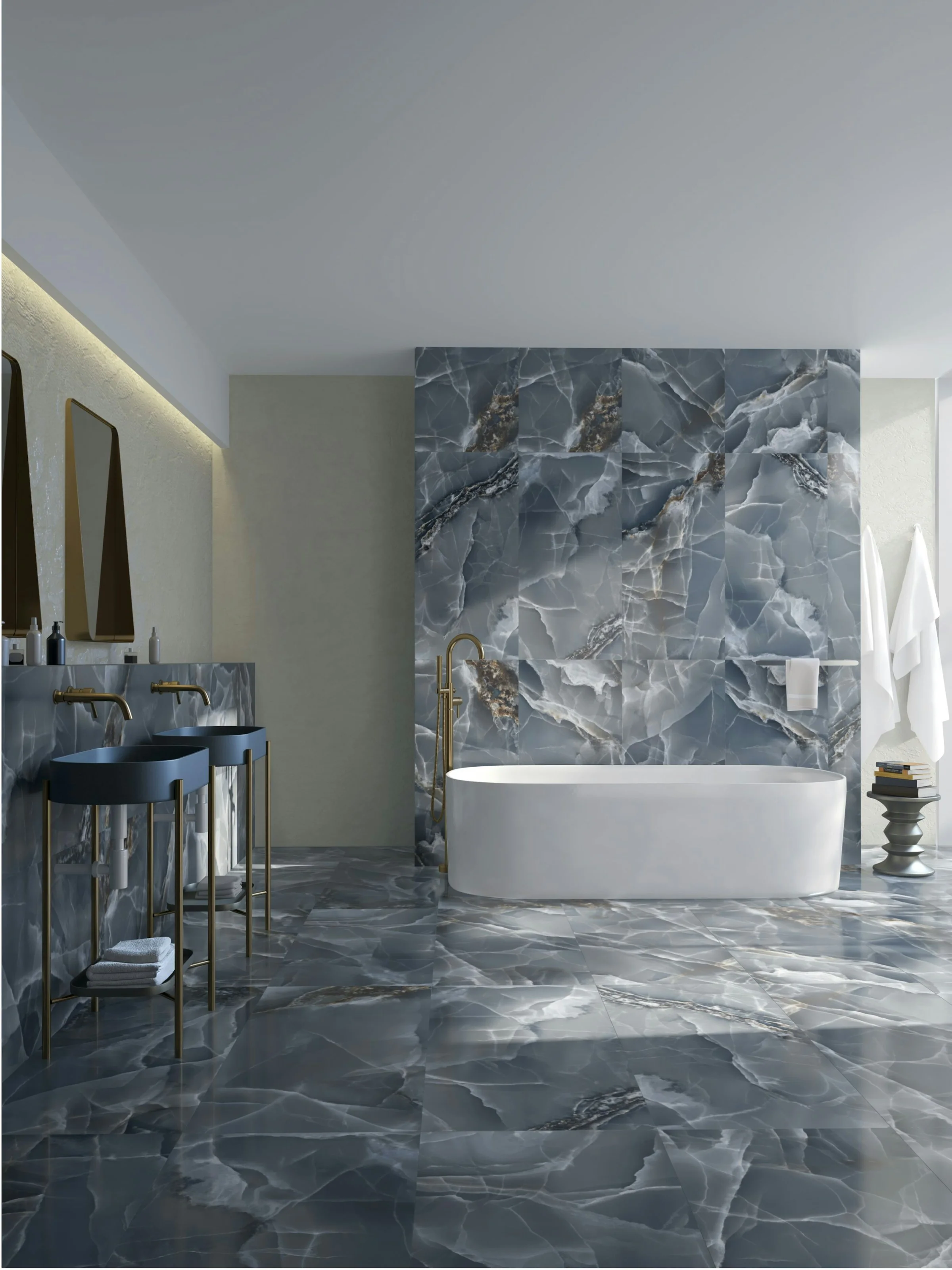 Bathroom with a full-height marble slab wall